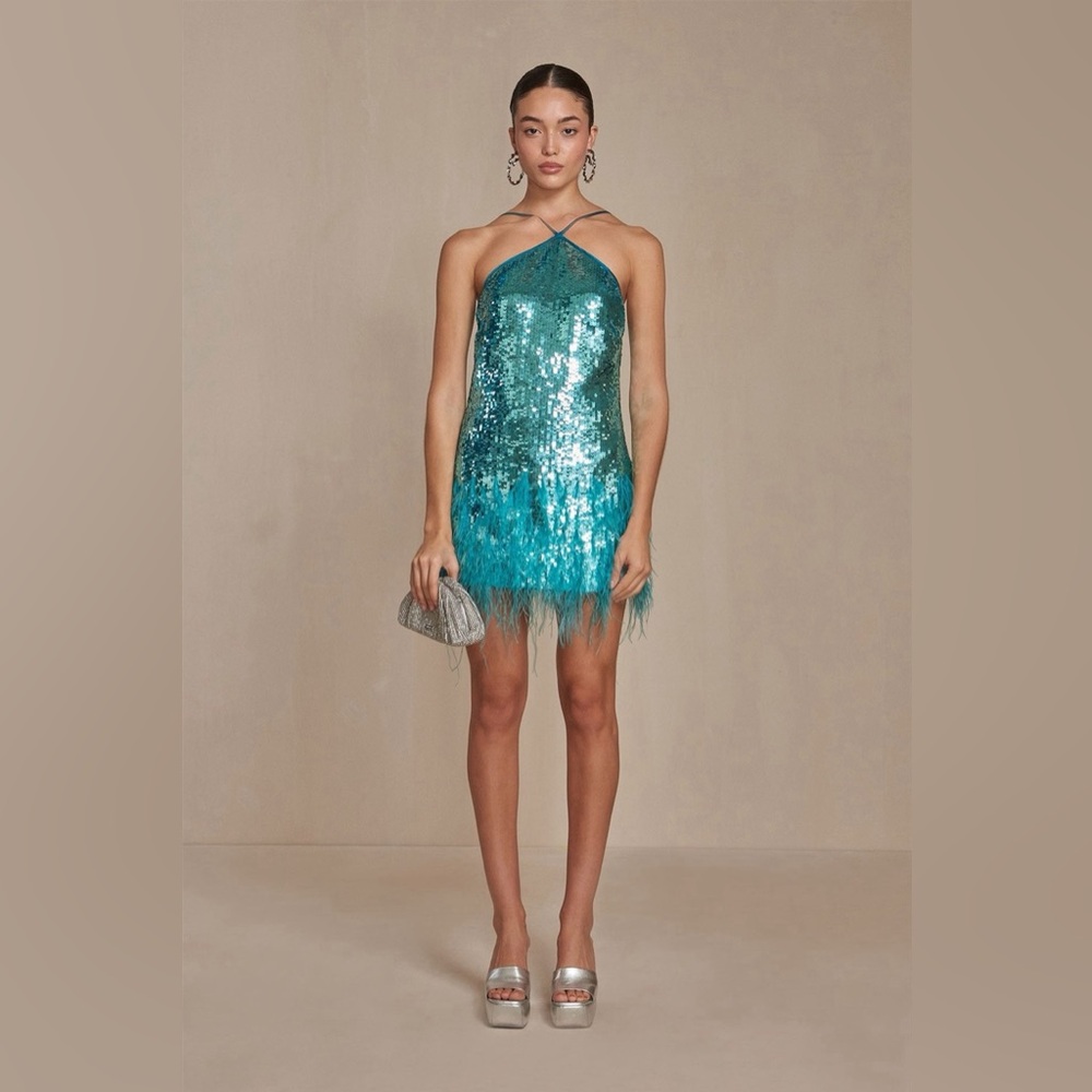 Cult Gaia Blue Sequin and Feathers Solina Dress